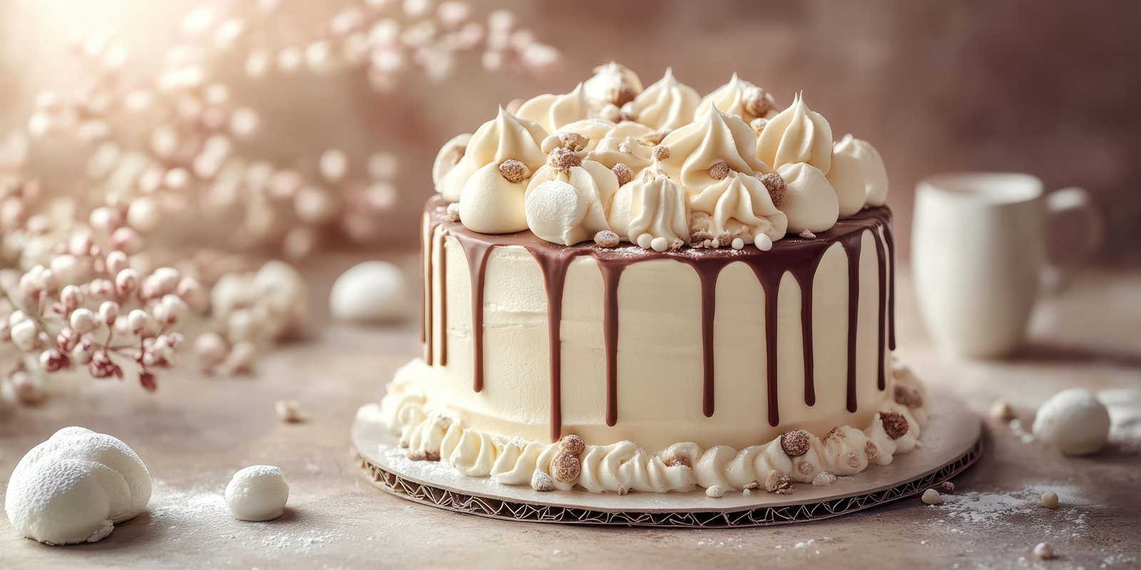 Elegant dessert cake with chocolate drizzle and decorative toppings displayed on a rustic table